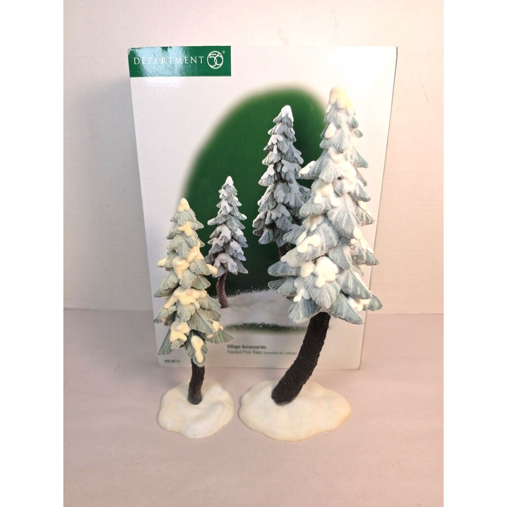 Vintage Dept 56 Pair of Porcelain Flocked Pine Trees 56715 Village Accessories - Picture 2 of 7